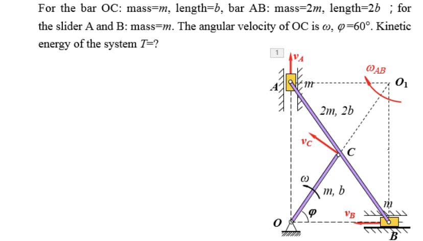 For the bar OC: mass-m, length=b, bar AB: mass=2m, length=2b ; for
the slider A and B: mass-m. The angular velocity of OC is w, p=60°. Kinetic
energy of the system T=?
0
m
VC
9
2m, 2b
m, b
C
VB
@AB
0₁
B