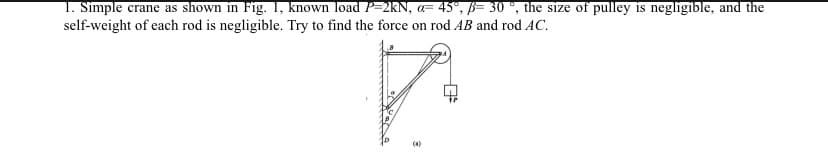 1. Simple crane as shown in Fig. 1, known load P=2kN, α= 45°, ß= 30 °, the size of pulley is negligible, and the
self-weight of each rod is negligible. Try to find the force on rod AB and rod AC.
(0)
