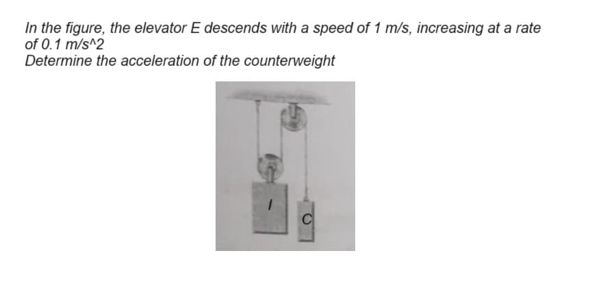 In the figure, the elevator E descends with a speed of 1 m/s, increasing at a rate
of 0.1 m/s^2
Determine the acceleration of the counterweight
C