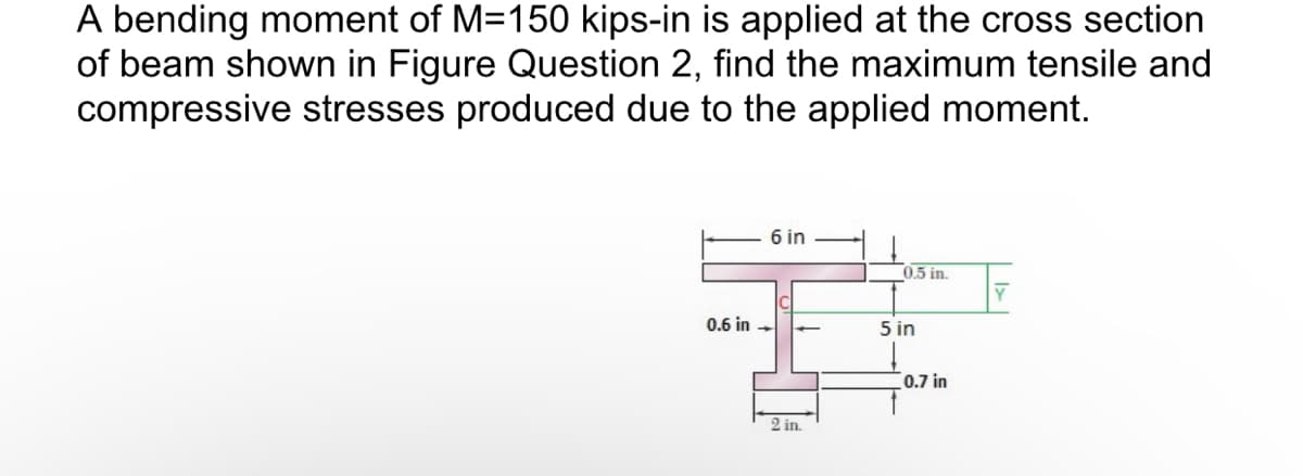 A bending moment of M=150 kips-in is applied at the cross section
of beam shown in Figure Question 2, find the maximum tensile and
compressive stresses produced due to the applied moment.
6 in -
0.5 in.
0.6 in -
5 in
0.7 in
2 in.

