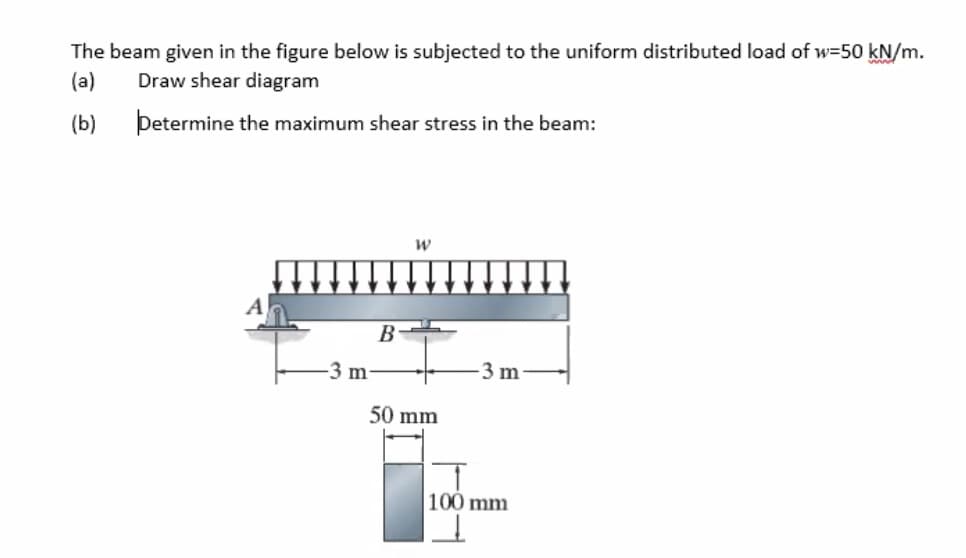 The beam given in the figure below is subjected to the uniform distributed load of w=50 kN/m.
(a)
Draw shear diagram
(b)
Þetermine the maximum shear stress in the beam:
В
3 m
50 mm
100 mm
