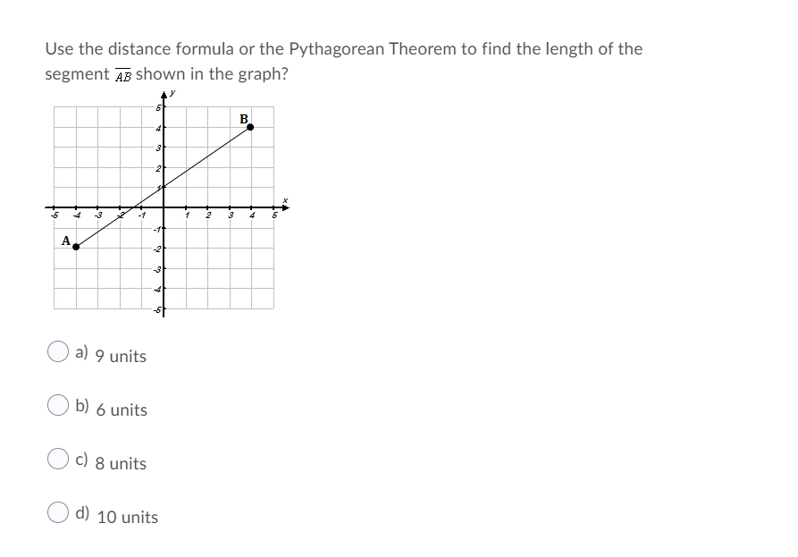 Use the distance formula or the Pythagorean Theorem to find the length of the
segment AB shown in the graph?
B
E.
2
-4
-3
1
3
4
-1
A
a) 9 units
b) 6 units
c) 8 units
d) 10 units
