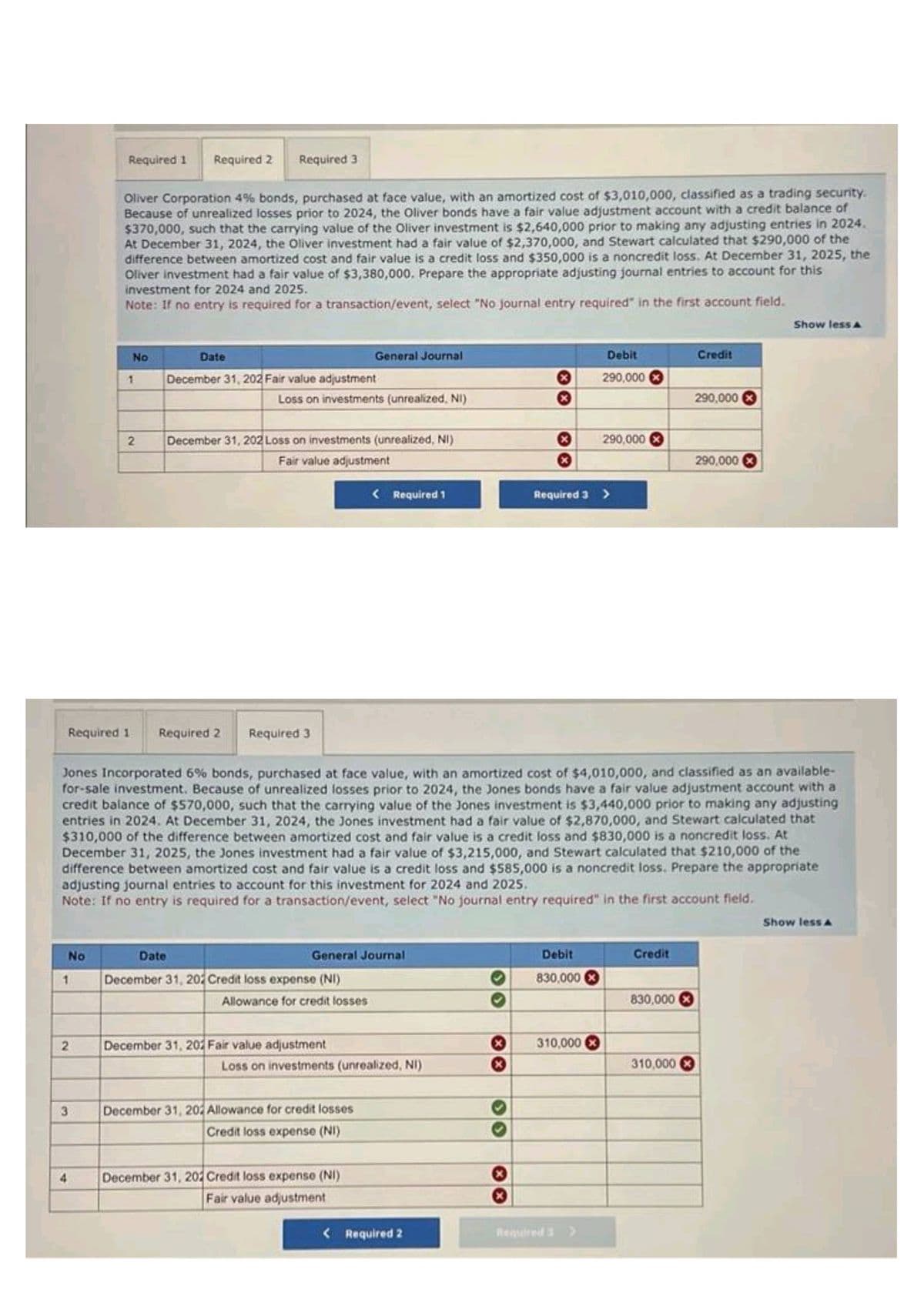 No
Required 1 Required 2 Required 3
Oliver Corporation 4% bonds, purchased at face value, with an amortized cost of $3,010,000, classified as a trading security.
Because of unrealized losses prior to 2024, the Oliver bonds have a fair value adjustment account with a credit balance of
$370,000, such that the carrying value of the Oliver investment is $2,640,000 prior to making any adjusting entries in 2024.
At December 31, 2024, the Oliver investment had a fair value of $2,370,000, and Stewart calculated that $290,000 of the
difference between amortized cost and fair value is a credit loss and $350,000 is a noncredit loss. At December 31, 2025, the
Oliver investment had a fair value of $3,380,000. Prepare the appropriate adjusting journal entries to account for this
investment for 2024 and 2025.
Note: If no entry is required for a transaction/event, select "No journal entry required" in the first account field.
1
No
2
1
2
Required 1 Required 2
Date
December 31, 202 Fair value adjustment
Date
Loss on investments (unrealized, NI)
December 31, 202 Loss on investments (unrealized, NI)
Fair value adjustment
Required 3
General Journal
December 31, 202 Credit loss expense (NI)
General Journal
Allowance for credit losses
December 31, 202 Fair value adjustment
Jones Incorporated 6 % bonds, purchased at face value, with an amortized cost of $4,010,000, and classified as an available-
for-sale investment. Because of unrealized losses prior to 2024, the Jones bonds have a fair value adjustment account with a
credit balance of $570,000, such that the carrying value of the Jones investment is $3,440,000 prior to making any adjusting
entries in 2024. At December 31, 2024, the Jones investment had a fair value of $2,870,000, and Stewart calculated that
$310,000 of the difference between amortized cost and fair value is a credit loss and $830,000 is a noncredit loss. At
December 31, 2025, the Jones investment had a fair value of $3,215,000, and Stewart calculated that $210,000 of the
difference between amortized cost and fair value is a credit loss and $585,000 is a noncredit loss. Prepare the appropriate
adjusting journal entries to account for this investment for 2024 and 2025.
Note: If no entry is required for a transaction/event, select "No journal entry required" in the first account field.
< Required 1
December 31, 202 Allowance for credit losses
Credit loss expense (NI)
Loss on investments (unrealized, NI)
December 31, 202 Credit loss expense (NI)
Fair value adjustment
< Required 2
X
Required 3 >
Debit
830,000
Debit
290,000
310,000
290,000
Required 3 >
Credit
830,000
Credit
310,000
290,000
290,000
Show less A
Show less A