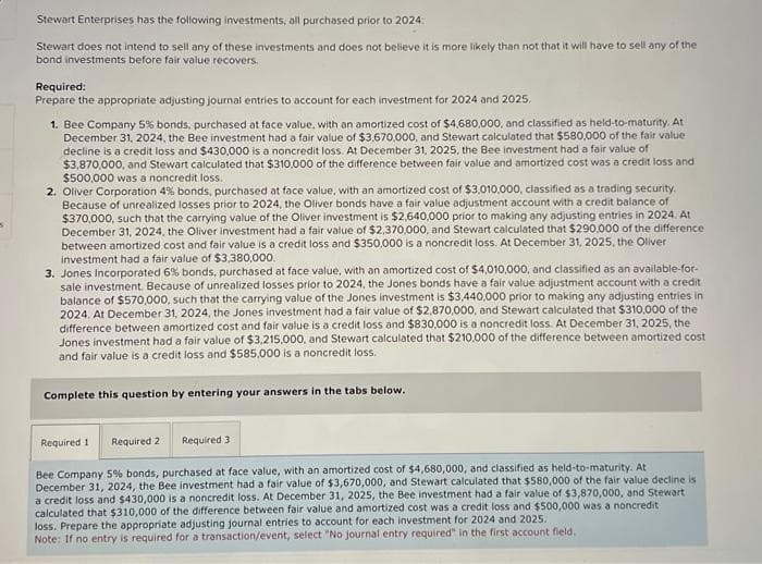 Stewart Enterprises has the following investments, all purchased prior to 2024:
Stewart does not intend to sell any of these investments and does not believe it is more likely than not that it will have to sell any of the
bond investments before fair value recovers.
Required:
Prepare the appropriate adjusting journal entries to account for each investment for 2024 and 2025,
1. Bee Company 5% bonds, purchased at face value, with an amortized cost of $4,680,000, and classified as held-to-maturity. At
December 31, 2024, the Bee investment had a fair value of $3,670,000, and Stewart calculated that $580,000 of the fair value
decline is a credit loss and $430,000 is a noncredit loss. At December 31, 2025, the Bee investment had a fair value of
$3,870,000, and Stewart calculated that $310,000 of the difference between fair value and amortized cost was a credit loss and
$500,000 was a noncredit loss.
2. Oliver Corporation 4 % bonds, purchased at face value, with an amortized cost of $3,010,000, classified as a trading security.
Because of unrealized losses prior to 2024, the Oliver bonds have a fair value adjustment account with a credit balance of
$370,000, such that the carrying value of the Oliver investment is $2,640,000 prior to making any adjusting entries in 2024. At
December 31, 2024, the Oliver investment had a fair value of $2,370,000, and Stewart calculated that $290,000 of the difference
between amortized cost and fair value is a credit loss and $350,000 is a noncredit loss. At December 31, 2025, the Oliver
investment had a fair value of $3,380,000.
3. Jones Incorporated 6% bonds, purchased at face value, with an amortized cost of $4,010,000, and classified as an available-for-
sale investment. Because of unrealized losses prior to 2024, the Jones bonds have a fair value adjustment account with a credit
balance of $570,000, such that the carrying value of the Jones investment is $3,440,000 prior to making any adjusting entries in
2024. At December 31, 2024, the Jones investment had a fair value of $2,870,000, and Stewart calculated that $310,000 of the
difference between amortized cost and fair value is a credit loss and $830,000 is a noncredit loss. At December 31, 2025, the
Jones investment had a fair value of $3,215,000, and Stewart calculated that $210,000 of the difference between amortized cost
and fair value is a credit loss and $585,000 is a noncredit loss.
Complete this question by entering your answers in the tabs below.
Required 1
Required 2 Required 3
Bee Company 5% bonds, purchased at face value, with an amortized cost of $4,680,000, and classified as held-to-maturity. At
December 31, 2024, the Bee investment had a fair value of $3,670,000, and Stewart calculated that $580,000 of the fair value decline is
a credit loss and $430,000 is a noncredit loss. At December 31, 2025, the Bee investment had a fair value of $3,870,000, and Stewart
calculated that $310,000 of the difference between fair value and amortized cost was a credit loss and $500,000 was a noncredit
loss. Prepare the appropriate adjusting journal entries to account for each investment for 2024 and 2025.
Note: If no entry is required for a transaction/event, select "No journal entry required" in the first account field.