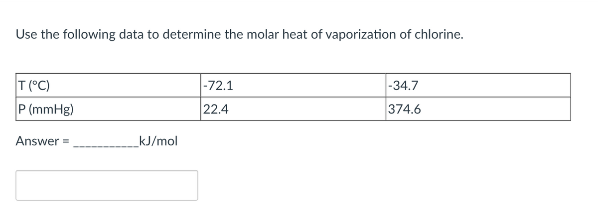Use the following data to determine the molar heat of vaporization of chlorine.
T (°C)
P (mmHg)
Answer
kJ/mol
-72.1
22.4
-34.7
374.6