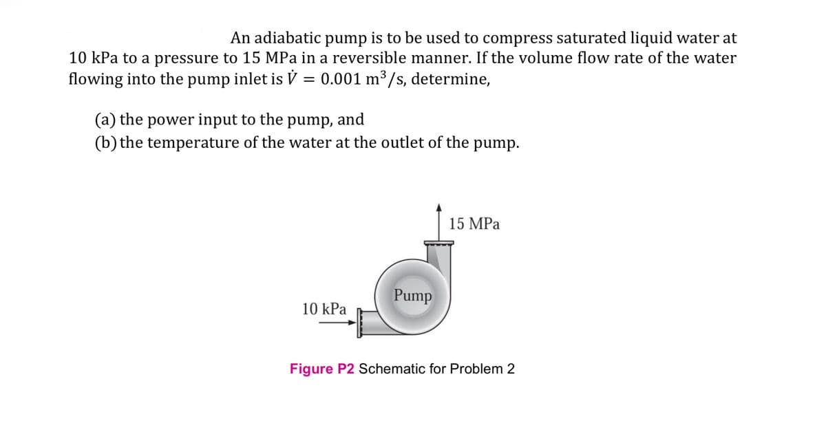 An adiabatic pump is to be used to compress saturated liquid water at
10 kPa to a pressure to 15 MPa in a reversible manner. If the volume flow rate of the water
flowing into the pump inlet is V = 0.001 m³/s, determine,
(a) the power input to the pump, and
(b) the temperature of the water at the outlet of the pump.
10 kPa
Pump
15 MPa
Figure P2 Schematic for Problem 2
