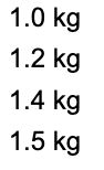 1.0 kg
1.2 kg
1.4 kg
1.5 kg