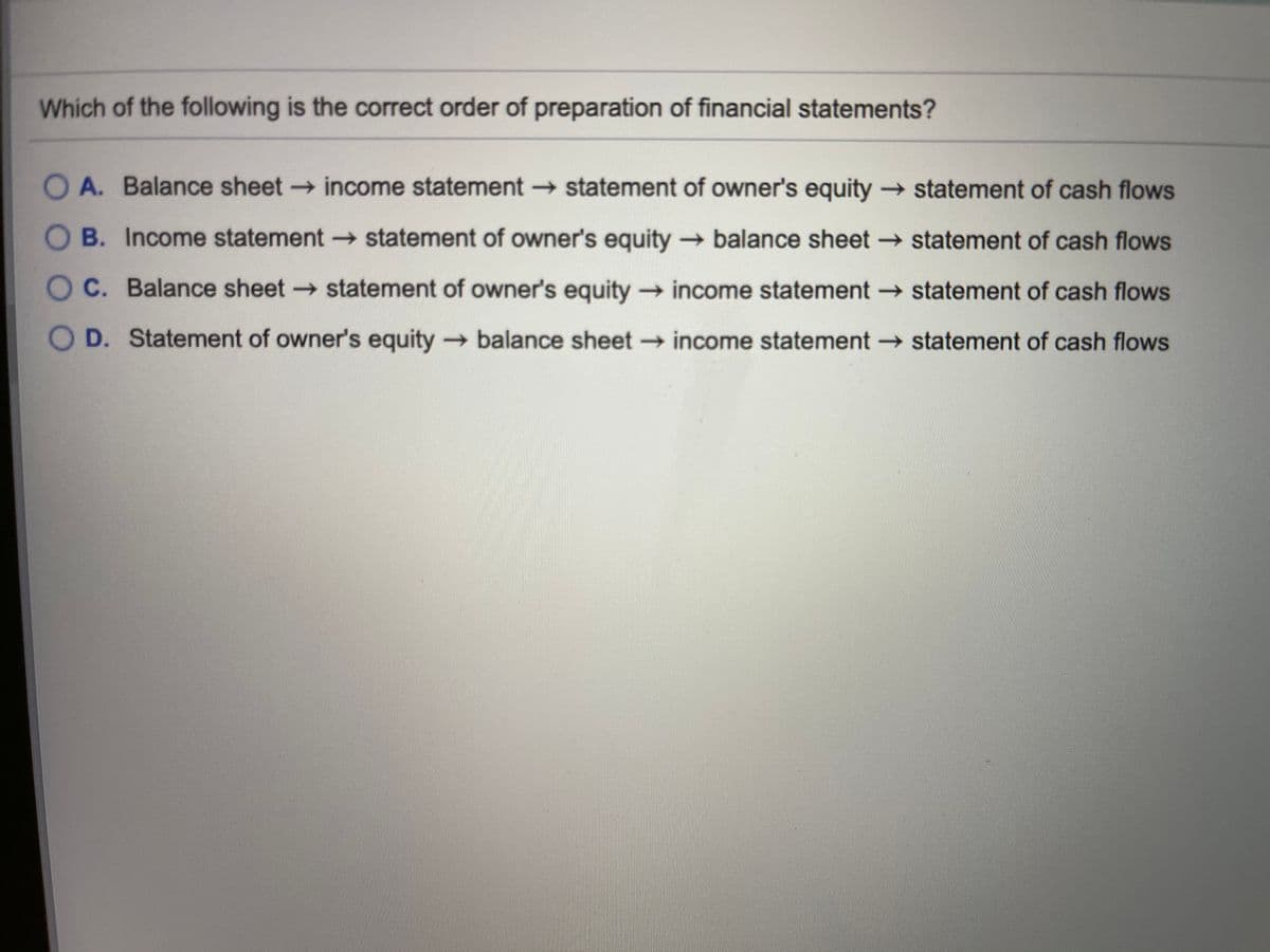 Which of the following is the correct order of preparation of financial statements?
O A. Balance sheet income statement statement of owner's equity → statement of cash flows
O B. Income statement statement of owner's equity
balance sheet statement of cash flows
C. Balance sheet statement of owner's equity income statement statement of cash flows
O D. Statement of owner's equity
balance sheet income statement statement of cash flows

