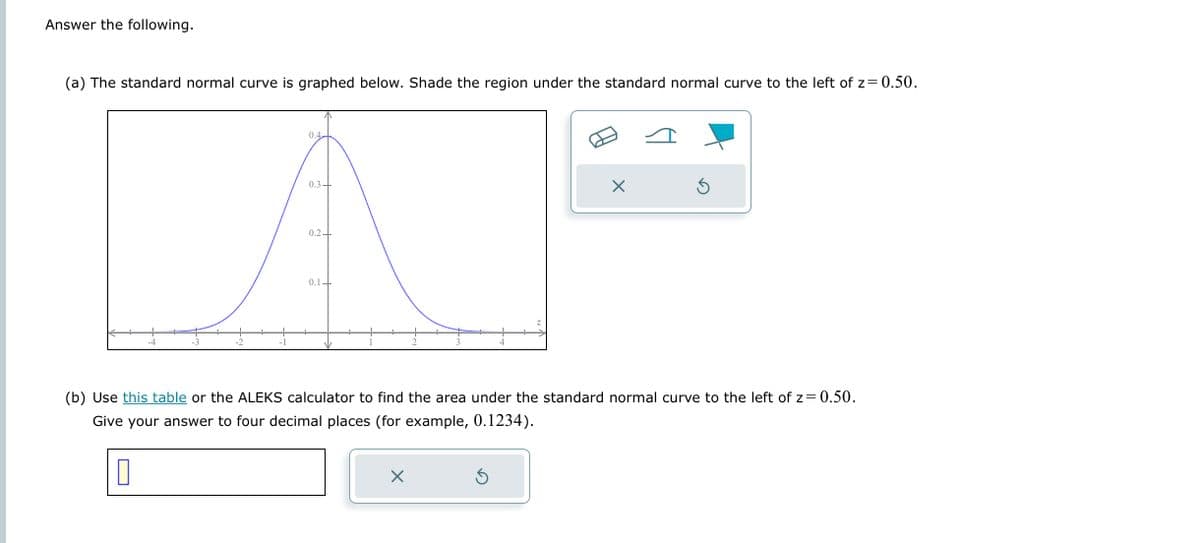 Answer the following.
(a) The standard normal curve is graphed below. Shade the region under the standard normal curve to the left of z=0.50.
0.4
0.3-
0.2-
0.1
x
X
Ś
(b) Use this table or the ALEKS calculator to find the area under the standard normal curve to the left of z=0.50.
Give your answer to four decimal places (for example, 0.1234).
0