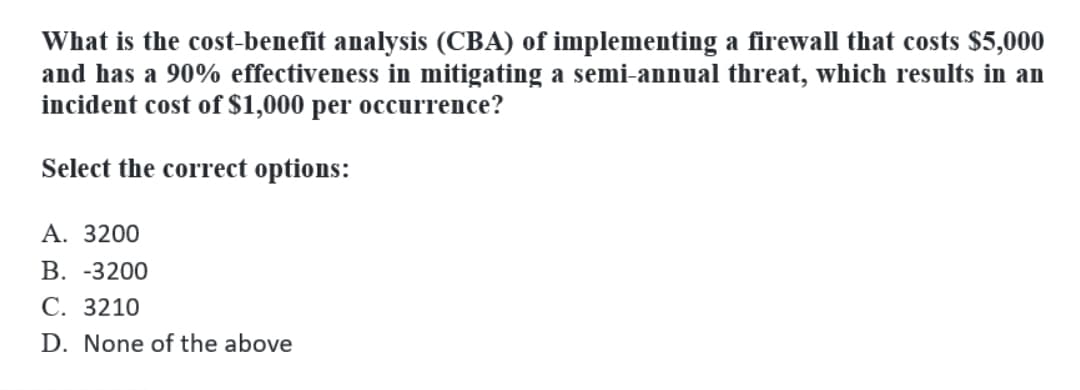 What is the cost-benefit analysis (CBA) of implementing a firewall that costs $5,000
and has a 90% effectiveness in mitigating a semi-annual threat, which results in an
incident cost of $1,000 per occurrence?
Select the correct options:
A. 3200
B. -3200
C. 3210
D. None of the above