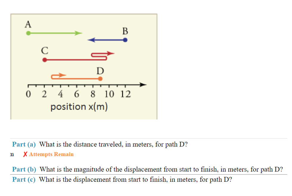 A
n
C
D
B
02 4 6 8 10 12
position x(m)
Part (a) What is the distance traveled, in meters, for path D?
X Attempts Remain
Part (b) What is the magnitude of the displacement from start to finish, in meters, for path D?
Part (c) What is the displacement from start to finish, in meters, for path D?
