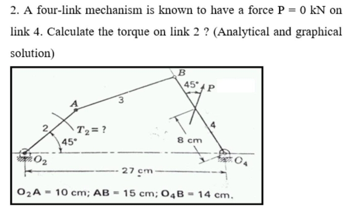 2. A four-link mechanism is known to have a force P = 0 kN on
link 4. Calculate the torque on link 2 ? (Analytical and graphical
solution)
B
45 P
3.
4
T2= ?
45°
8 cm
02
04
.רgn 27
O2A = 10 cm; AB = 15 cm; 04B = 14 cm.
