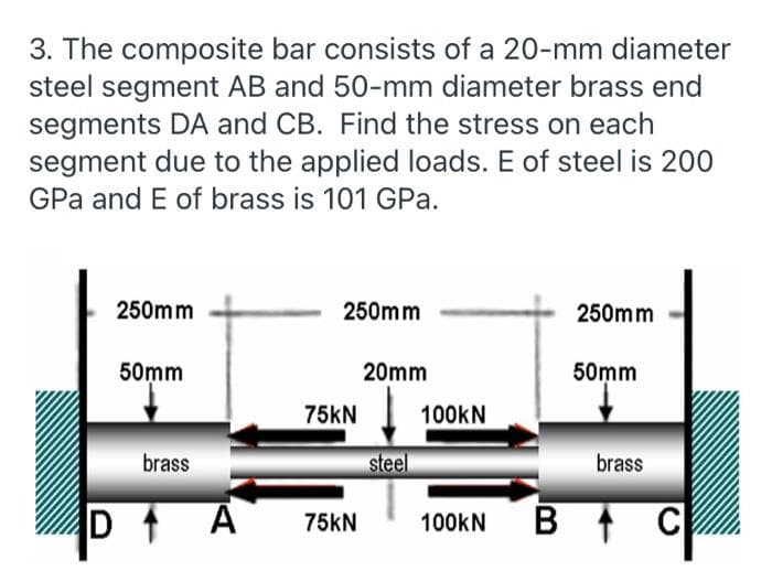 3. The composite bar consists of a 20-mm diameter
steel segment AB and 50-mm diameter brass end
segments DA and CB. Find the stress on each
segment due to the applied loads. E of steel is 200
GPa and E of brass is 101 GPa.
250mm
250mm
250mm
50mm
20mm
50mm
75KN
100KN
brass
steel
brass
D
B
C
75KN
100KN
