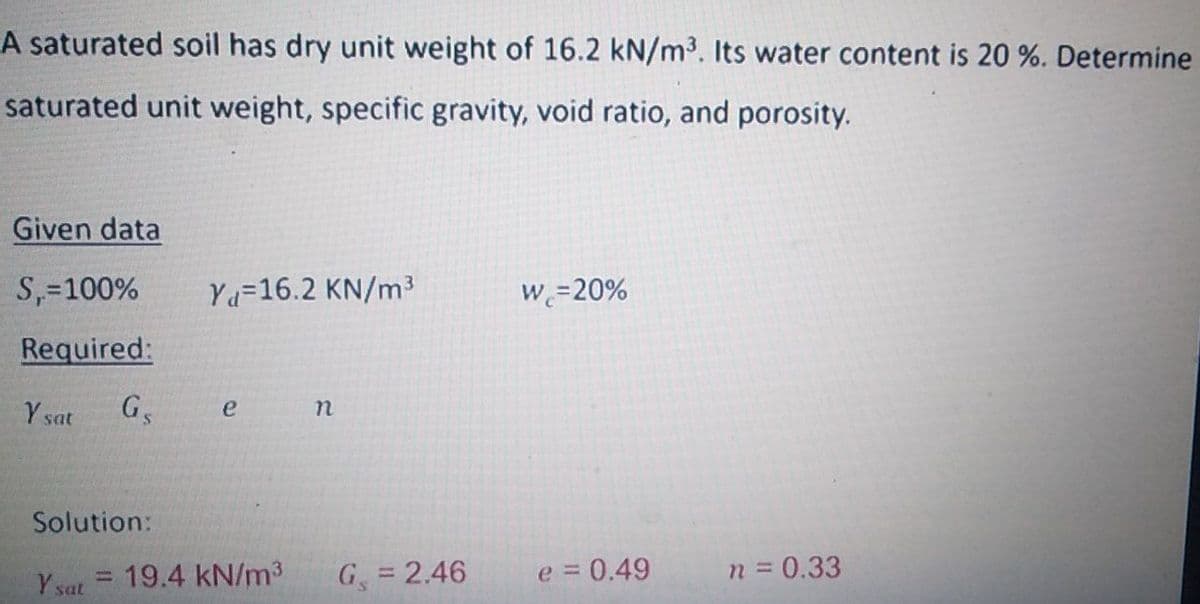 A saturated soil has dry unit weight of 16.2 kN/m3. Its water content is 20 %. Determine
saturated unit weight, specific gravity, void ratio, and porosity.
Given data
S,=100%
Ya=16.2 KN/m3
w=20%
Required:
Y sat
Solution:
Y sat = 19.4 kN/m3
G, = 2.46
e = 0.49
n = 0.33
%3D
