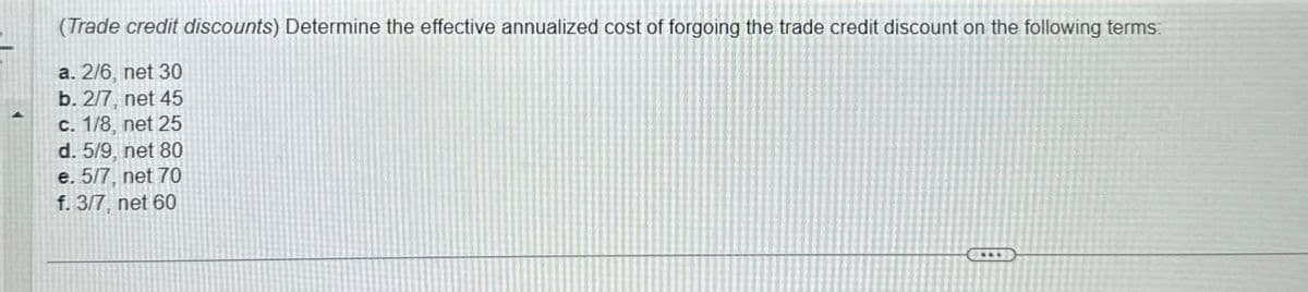 (Trade credit discounts) Determine the effective annualized cost of forgoing the trade credit discount on the following terms:
a. 2/6, net 30
b. 2/7, net 45
c. 1/8, net 25
d. 5/9, net 80
e. 5/7, net 70
f. 3/7, net 60