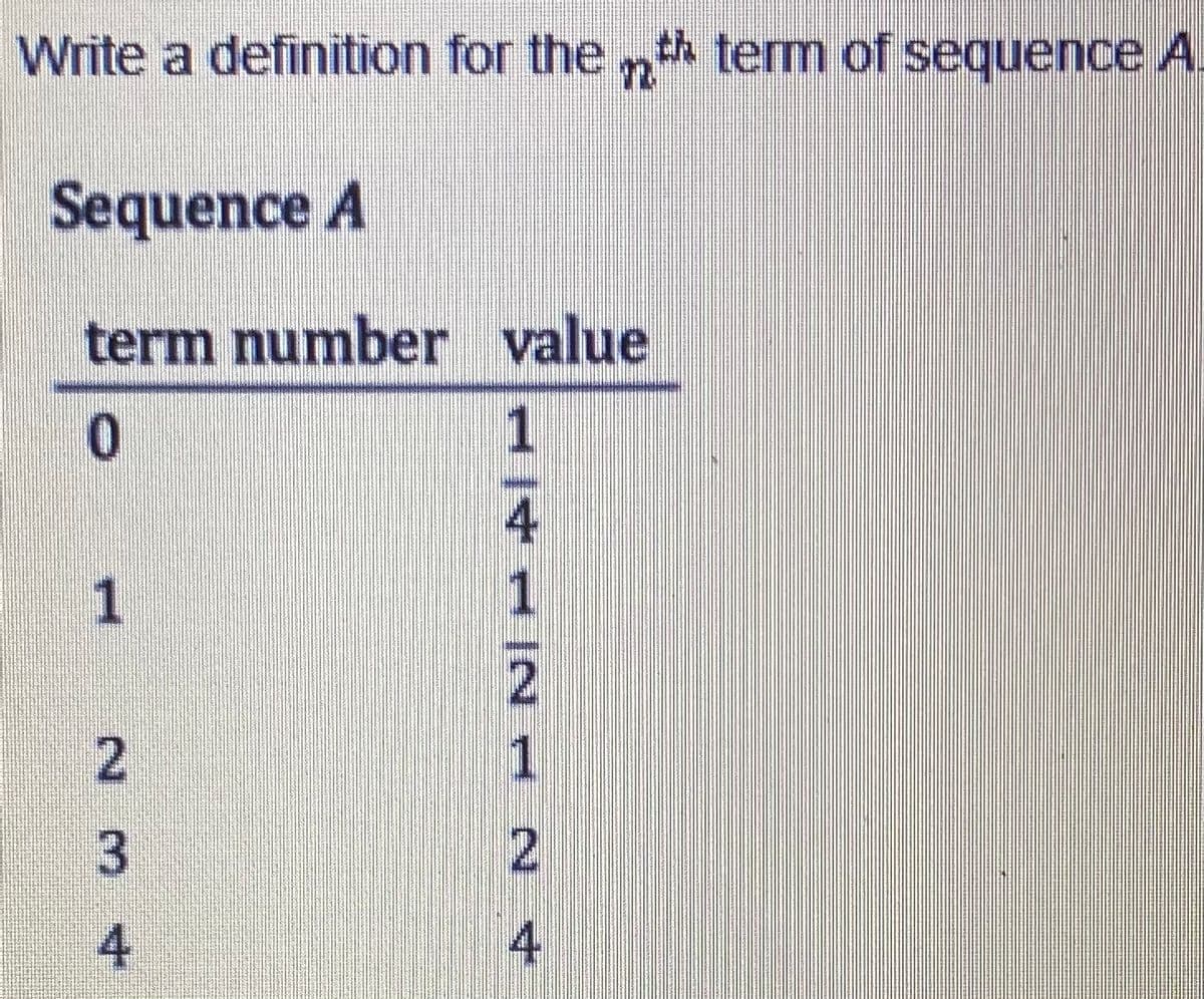 Write a definition for the h term of sequence A
12
Sequence A
term number value
1
1
1
2
4
4.
