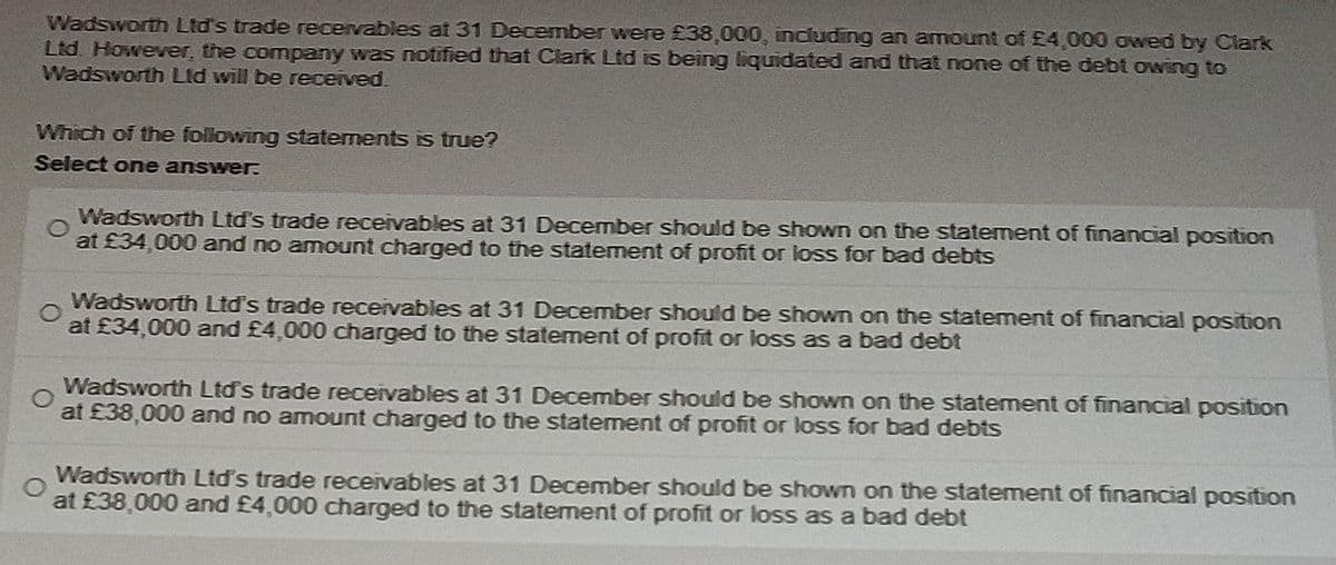 Wadsworth Ltd's trade recervables at 31 December were £38,000, including an amount of £4,000 owed by Cark
Ltd. However, the company was notified that Clark Ltd is being liquidated and that none of the debt owing to
Wadsworth Lld will be received.
Which of the following statements is true?
Select one answer.
Wadsworth Ltd's trade receivables at 31 December should be shown on the statement of financial position
at £34,000 and no amount charged to the statement of profit or loss for bad debts
Wadsworth Ltd's trade receivables at 31 December should be shown on the statement of financial position
at £34,000 and £4,000 charged to the statement of profit or loss as a bad debt
Wadsworth Ltd's trade receivables at 31 December should be shown on the statement of financial position
at £38,000 and no amount charged to the statement of profit or loss for bad debts
Wadsworth Ltd's trade recervables at 31 December should be shown on the statement of financial position
at £38,000 and £4,000 charged to the statement of profit or loss as a bad debt
