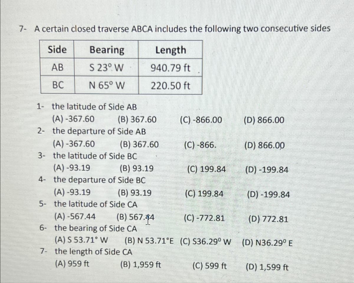 7- A certain closed traverse ABCA includes the following two consecutive sides
Side
Length
Bearing
AB
S 23° W
940.79 ft
BC
N 65° W
220.50 ft
1- the latitude of Side AB
2- the departure of Side AB
(A)-367.60
(A)-367.60
3- the latitude of Side BC
(A) -93.19
4- the departure of Side BC
(A) -93.19
5- the latitude of Side CA
(B) 367.60
(C) -866.00
(D) 866.00
(B) 367.60
(C) -866.
(D) 866.00
(B) 93.19
(C) 199.84
(D) -199.84
(B) 93.19
(C) 199.84
(D) -199.84
(A)-567.44
(B) 567.44
(C) -772.81
(D) 772.81
6- the bearing of Side CA
(A) S 53.71° W
(B) N 53.71°E (C) S36.29° W
(D) N36.29° E
7- the length of Side CA
(A) 959 ft
(B) 1,959 ft
(C) 599 ft
(D) 1,599 ft