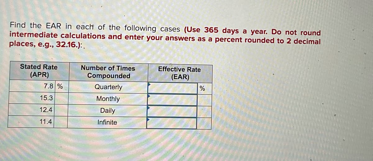 Find the EAR in each of the following cases (Use 365 days a year. Do not round
intermediate calculations and enter your answers as a percent rounded to 2 decimal
places, e.g., 32.16.): .
Stated Rate
Number of Times
Effective Rate
(APR)
Compounded
(EAR)
7.8 %
Quarterly
%
15.3
Monthly
12.4
Daily
11.4
Infinite
