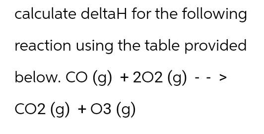 calculate deltaH for the following
reaction using the table provided
below. CO (g) +202 (g)
CO2 (g) + 03 (g)