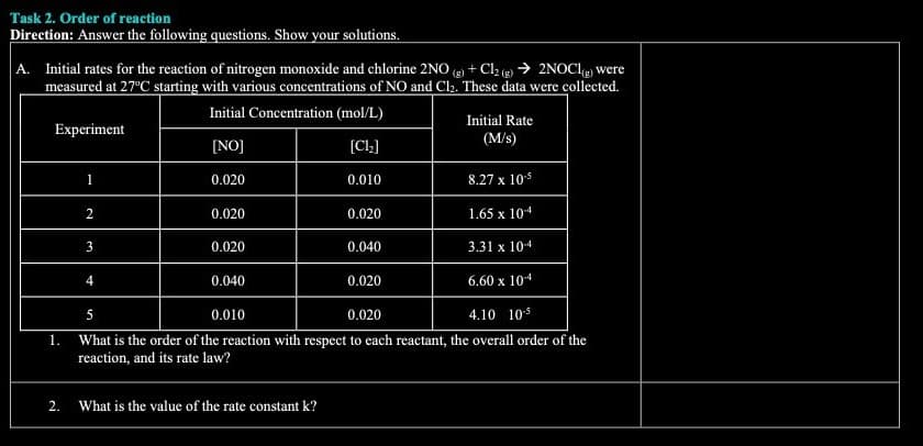 Task 2. Order of reaction
Direction: Answer the following questions. Show your solutions.
A. Initial rates for the reaction of nitrogen monoxide and chlorine 2NO(g) + Cl₂2 (g) → 2NOCI(g) were
measured at 27°C starting with various concentrations of NO and Cl₂. These data were collected.
Initial Concentration (mol/L)
[NO]
[Ch]
0.020
0.010
Experiment
1.
8.27 x 10-5
1.65 x 104
3.31 x 10-4
6.60 x 10-4
5
0.010
0.020
4.10 10.5
What is the order of the reaction with respect to each reactant, the overall order of the
reaction, and its rate law?
2
3
ترا
4
0.020
0.020
0.040
2. What is the value of the rate constant k?
0.020
0.040
Initial Rate
(M/s)
0.020