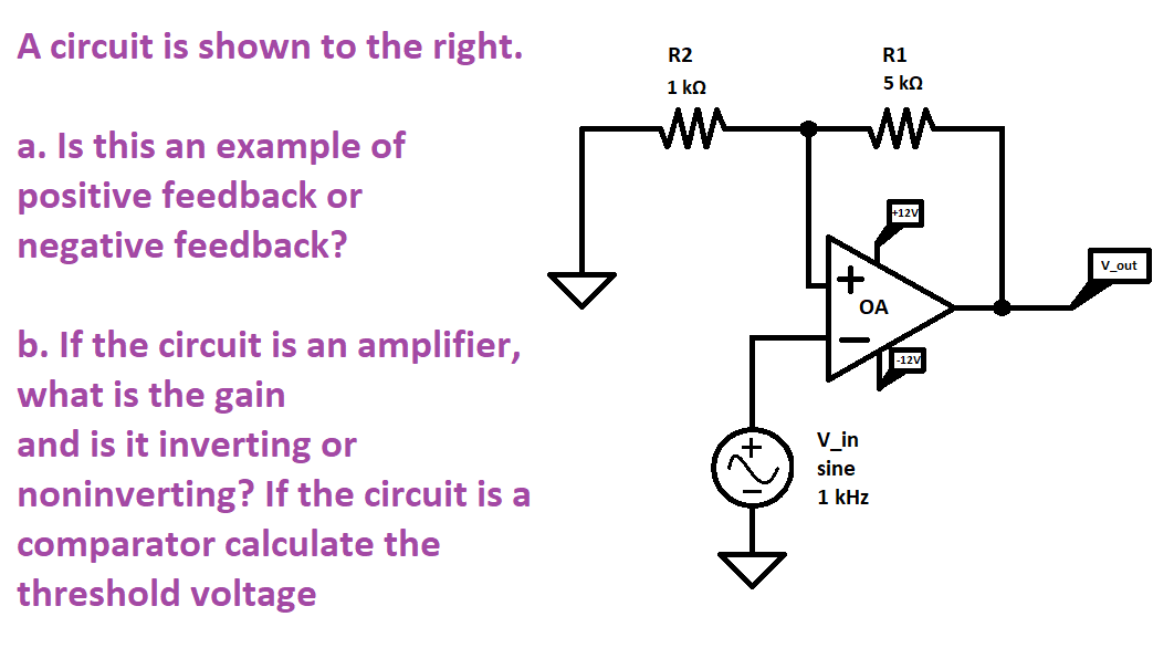 A circuit is shown to the right.
a. Is this an example of
positive feedback or
negative feedback?
b. If the circuit is an amplifier,
what is the gain
and is it inverting or
noninverting? If the circuit is a
comparator calculate the
threshold voltage
R2
1 kQ
ww
R1
5 ΚΩ
ww
+
OA
V_in
sine
1 kHz
+12V
-12V
V_out