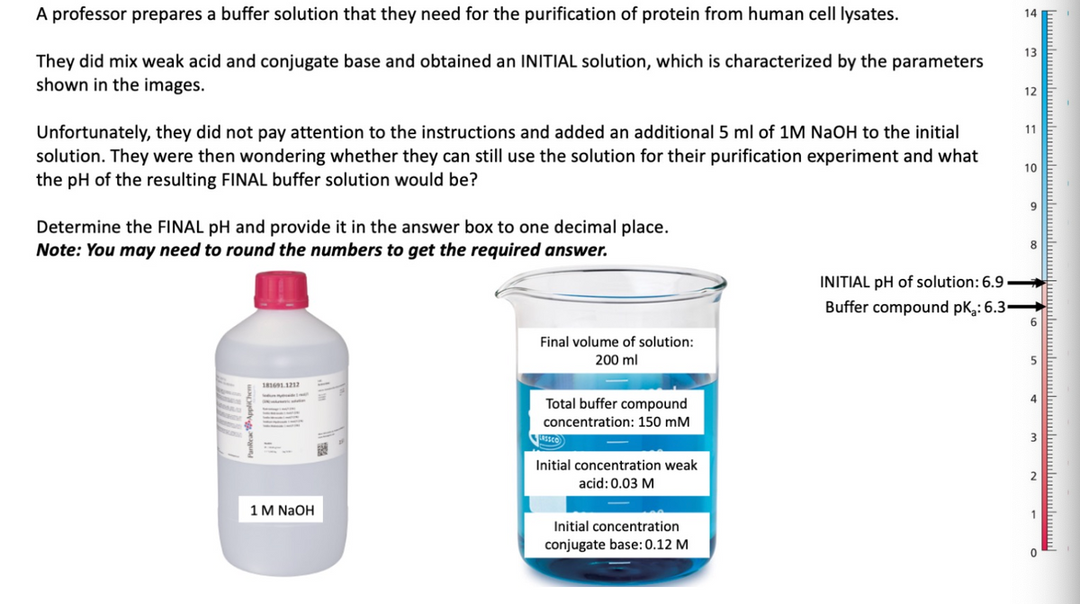 A professor prepares a buffer solution that they need for the purification of protein from human cell lysates.
They did mix weak acid and conjugate base and obtained an INITIAL solution, which is characterized by the parameters
shown in the images.
Unfortunately, they did not pay attention to the instructions and added an additional 5 ml of 1M NaOH to the initial
solution. They were then wondering whether they can still use the solution for their purification experiment and what
the pH of the resulting FINAL buffer solution would be?
Determine the FINAL pH and provide it in the answer box to one decimal place.
Note: You may need to round the numbers to get the required answer.
181691.1212
1 M NaOH
14
13
12
11
10
10
9
8
INITIAL pH of solution: 6.9->
Buffer compound pK: 6.3-
6
Final volume of solution:
200 ml
5
Total buffer compound
concentration: 150 mM
LASSCO
Initial concentration weak
acid: 0.03 M
Initial concentration
conjugate base: 0.12 M
3
2
1