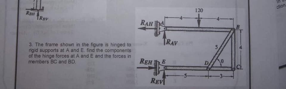 RBH
TRBV
3. The frame shown in the figure is hinged to
rigid supports at A and E. find the components
of the hinge forces at A and E and the forces in
members BC and BD.
RAH A
REH
TRAV
E
REV
120
D
5
0
ction