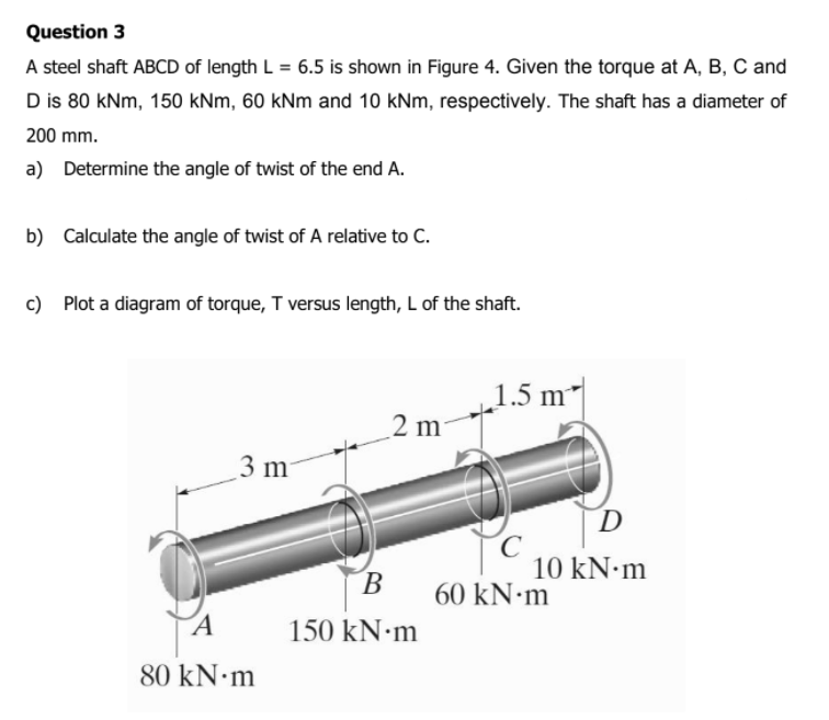 Question 3
A steel shaft ABCD of length L = 6.5 is shown in Figure 4. Given the torque at A, B, C and
D is 80 kNm, 150 kNm, 60 kNm and 10 kNm, respectively. The shaft has a diameter of
200 mm.
a) Determine the angle of twist of the end A.
b) Calculate the angle of twist of A relative to C.
c) Plot a diagram of torque, T versus length, L of the shaft.
1.5 m
2 m
3 m
10 kN·m
60 kN·m
150 kN·m
80 kN m
