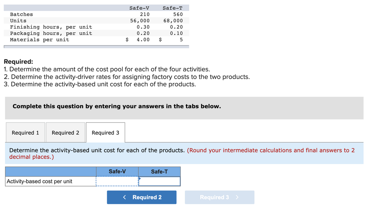 Batches
Units
Finishing hours, per unit
Packaging hours, per unit
Materials per unit
Required 1 Required 2
$
Required:
1. Determine the amount of the cost pool for each of the four activities.
2. Determine the activity-driver rates for assigning factory costs to the two products.
3. Determine the activity-based unit cost for each of the products.
Complete this question by entering your answers in the tabs below.
Required 3
Activity-based cost per unit
Safe-V
210
56,000
0.30
0.20
4.00 $
Safe-T
560
68,000
0.20
0.10
5
Determine the activity-based unit cost for each of the products. (Round your intermediate calculations and final answers to 2
decimal places.)
Safe-V
Safe-T
< Required 2
Required 3