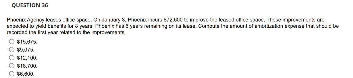 QUESTION 36
Phoenix Agency leases office space. On January 3, Phoenix incurs $72,600 to improve the leased office space. These improvements are
expected to yield benefits for 8 years. Phoenix has 6 years remaining on its lease. Compute the amount of amortization expense that should be
recorded the first year related to the improvements.
$15,675.
$9,075.
$12,100.
$18,700.
$6,600.