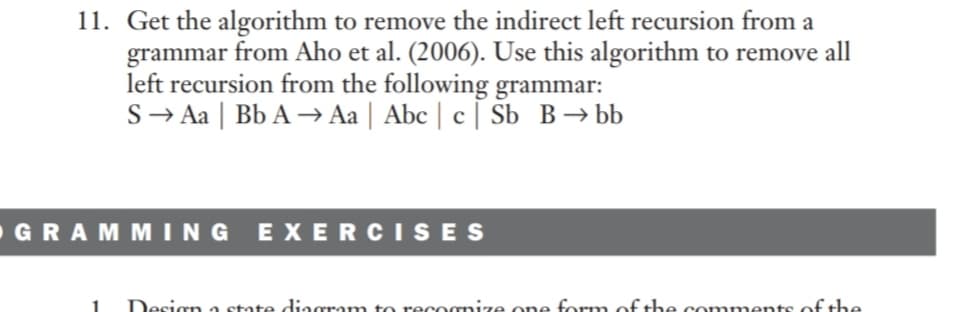 11. Get the algorithm to remove the indirect left recursion from a
grammar from Aho et al. (2006). Use this algorithm to remove all
left recursion from the following grammar:
S→ Aa | Bb A → Aa | Abc | c | Sb B→ bb
OGRAMM ING
EXERCISES
Design a state diagram to recognize one form of the comments of the
