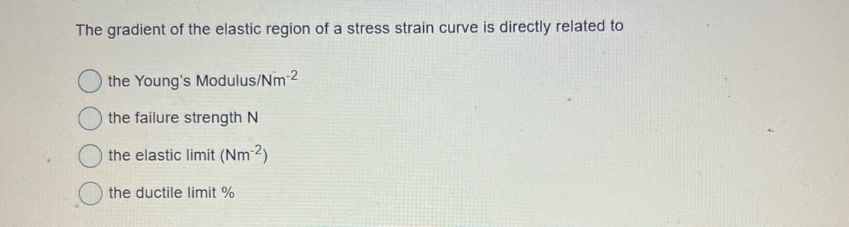 The gradient of the elastic region of a stress strain curve is directly related to
the Young's Modulus/Nm-2
the failure strength N
the elastic limit (Nm-²)
the ductile limit %