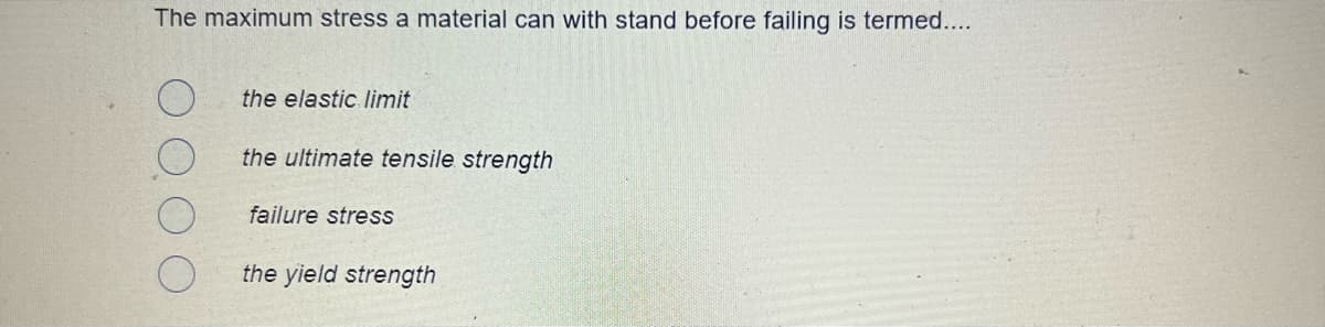 The maximum stress a material can with stand before failing is termed....
the elastic limit
the ultimate tensile strength
failure stress
the yield strength
