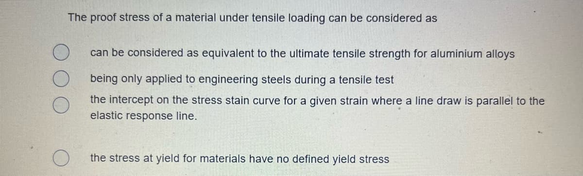 The proof stress of a material under tensile loading can be considered as
can be considered as equivalent to the ultimate tensile strength for aluminium alloys
being only applied to engineering steels during a tensile test
the intercept on the stress stain curve for a given strain where a line draw is parallel to the
elastic response line.
the stress at yield for materials have no defined yield stress