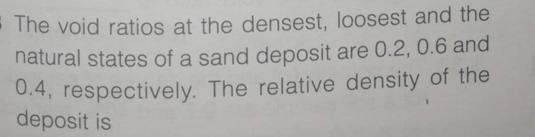 The void ratios at the densest, loosest and the
natural states of a sand deposit are 0.2, 0.6 and
0.4, respectively. The relative density of the
deposit is
