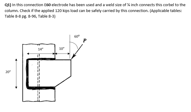 Q1) In this connection E60 electrode has been used and a weld size of 14 inch connects this corbel to the
column. Check if the applied 120 kips load can be safely carried by this connection. (Applicable tables:
Table 8-8 pg. 8-96, Table 8-3)
20"
14"
10"
60⁰
P