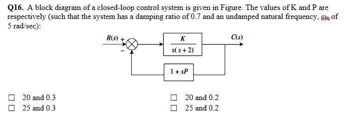 Q16. A block diagram of a closed-loop control system is given in Figure. The values of K and P are
respectively (such that the system has a damping ratio of 0.7 and an undamped natural frequency, n of
5 rad/sec):
R(s)
K
C(s)
s( s+ 2)
1+ sP
20 and 0.3
20 and 0.2
25 and 0.3
25 and 0.2
