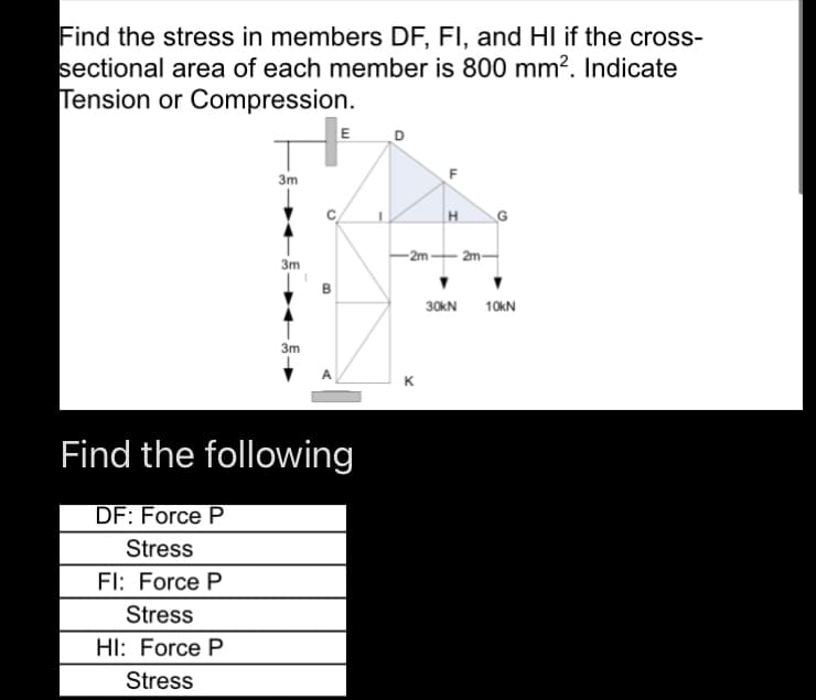 Find the stress in members DF, FI, and HI if the cross-
sectional area of each member is 800 mm?. Indicate
Tension or Compression.
E
3m
-2m-
2m-
3m
30KN
10KN
3m
K
Find the following
DF: Force P
Stress
FI: Force P
Stress
HI: Force P
Stress
C.
