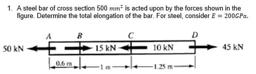 1. A steel bar of cross section 500 mm² is acted upon by the forces shown in the
figure. Determine the total elongation of the bar. For steel, consider E = 200GPA.
A
B
C
D
50 kN
15 kN
10 kN
45 kN
0.6 m
1 m
-1.25 m

