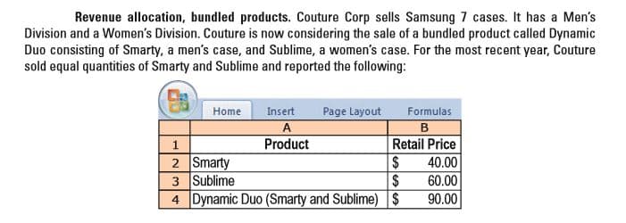 Revenue allocation, bundled products. Couture Corp sells Samsung 7 cases. It has a Men's
Division and a Women's Division. Couture is now considering the sale of a bundled product called Dynamic
Duo consisting of Smarty, a men's case, and Sublime, a women's case. For the most recent year, Couture
sold equal quantities of Smarty and Sublime and reported the following:
Home
Page Layout
Formulas
Insert
A
Product
Retail Price
2 Smarty
3 Sublime
4 Dynamic Duo (Smarty and Sublime) S
40.00
60.00
90.00
