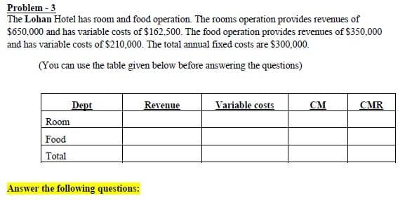 Problem - 3
The Lohan Hotel has room and food operation. The rooms operation provides revenues of
$650,000 and has variable costs of $162,500. The food operation provides revenues of $350,000
and has variable costs of $210,000. The total annual fixed costs are $300,000.
(You can use the table given below before answering the questions)
Room
Food
Total
Dept
Answer the following questions:
Revenue
Variable costs
CM
CMR