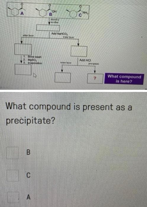 OH
NH
dissohe
in ether
Add NaHCO,
waler lave
eher byer
1. Brine wash
2. MoSo,
3. evaporation
Add HCI
waer layer
precdite
What compound
is here?
What compound is present as a
prečipitate?
C
A
