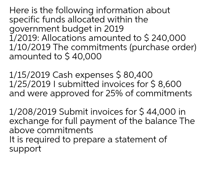 Here is the following information about
specific funds allocated within the
government budget in 2019
1/2019: Allocations amounted to $ 240,000
1/10/2019 The commitments (purchase order)
amounted to $ 40,000
1/15/2019 Cash expenses $ 80,400
1/25/2019 I submitted invoices for $ 8,600
and were approved for 25% of commitments
1/208/2019 Submit invoices for $ 44,000 in
exchange for full payment of the balance The
above commitments
It is required to prepare a statement of
support
