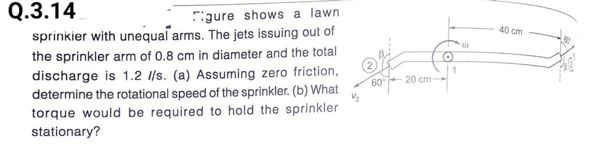 Q.3.14
igure shows a lawn
40 cm
sprinkier with unequal arms. The jets issuing out of
the sprinkler arm of 0.8 cm in diameter and the total
discharge is 1.2 l/s. (a) Assuming zero friction,
determine the rotational speed of the sprinkler. (b) What
torque would be required to hold the sprinkler
stationary?
1
60° - 20 cm-
V2

