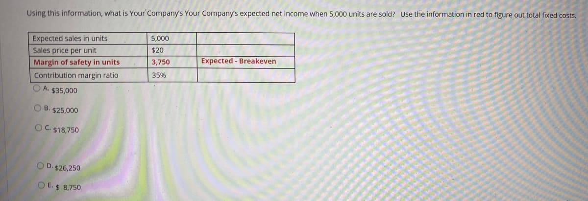 Using this information, what is Your Company's Your Company's expected net income when 5,000 units are sold? Use the information in red to figure out total fixed costs.
Expected sales in units
Sales price per unit
5,000
$20
3,750
Expected - Breakeven
Margin of safety in units
35%
Contribution margin ratio
O A. $35,000
O B. $25,000
O C. $18,750
O D. $26,250
O E. $ 8,750
