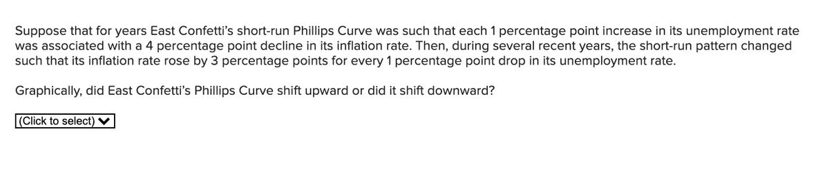 Suppose that for years East Confetti's short-run Phillips Curve was such that each 1 percentage point increase in its unemployment rate
was associated with a 4 percentage point decline in its inflation rate. Then, during several recent years, the short-run pattern changed
such that its inflation rate rose by 3 percentage points for every 1 percentage point drop in its unemployment rate.
Graphically, did East Confetti's Phillips Curve shift upward or did it shift downward?
|(Click to select) V
