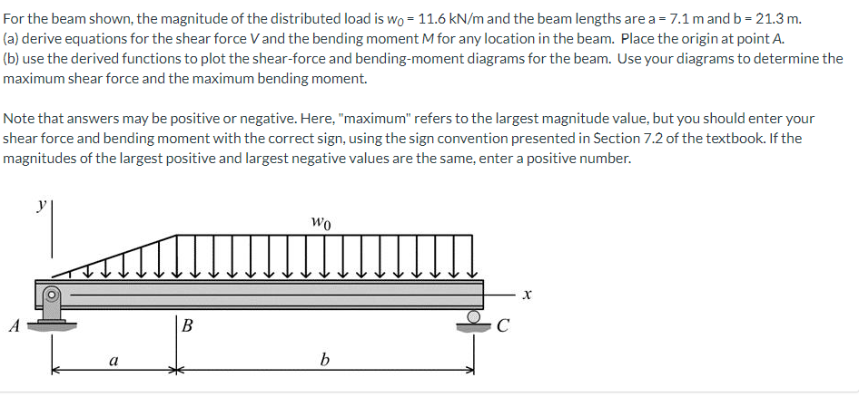 For the beam shown, the magnitude of the distributed load is wo = 11.6 kN/m and the beam lengths are a = 7.1 m and b = 21.3 m.
(a) derive equations for the shear force V and the bending moment M for any location in the beam. Place the origin at point A.
(b) use the derived functions to plot the shear-force and bending-moment diagrams for the beam. Use your diagrams to determine the
maximum shear force and the maximum bending moment.
Note that answers may be positive or negative. Here, "maximum" refers to the largest magnitude value, but you should enter your
shear force and bending moment with the correct sign, using the sign convention presented in Section 7.2 of the textbook. If the
magnitudes of the largest positive and largest negative values are the same, enter a positive number.
Wo
C
a
b
