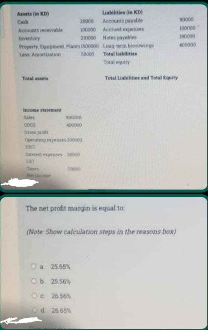 Assets (in KD)
Liabilities (in KD)
Cash
20000
Accounts payable
80000
Accounts receivable
100000 Accrued expenses
100000
Inventory
210000 Notes payables
180000
Property, Equipment, Plants 1500000 Long-term borrowings
400000
Less Amortization
50000
Total liabilities
Total equity
Total assets
Total Liabilities and Total Equity
Income statement
Sales
900000
COGS
400000
Gross profit
Operating expenses 200000
EBIT
Interest expenses 50000
EBT
Taxes
Net income
20000
The net profit margin is equal to:
(Note Show calculation steps in the reasons box)
Oa 25.65%
Ob 25.56%
Oc 26.56%
Od 26.65%
