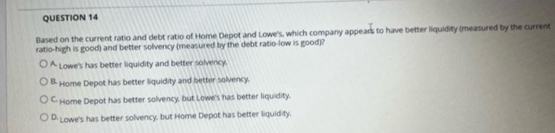 QUESTION 14
Based on the current ratio and debt ratio of Home Depot and Lowe's, which company appears to have better liquidity (measured by the current
ratio-high is good) and better solvency (measured by the debt ratio-low is good)?
OA Lowe's has better liquidity and better solvency.
OB. Home Depot has better liquidity and better solvency.
OC. Home Depot has better solvency, but Lowe's has better liquidity.
OD. Lowe's has better solvency, but Home Depot has better liquidity.